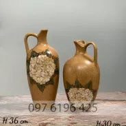 Lọ hoa gốm sứ Bát Tràng dáng bình sữa men nâu vẽ hoa cẩm tú cầu