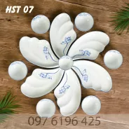 Bộ bát đĩa  Bát Tràng hình cánh tiên men trắng vẽ sen xanh