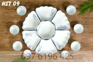 Bộ bát đĩa hoa mặt trời men trắng vẽ sen xanh đại thanh