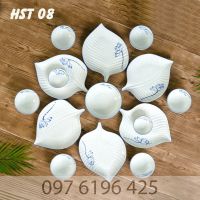 Bộ bát đĩa cao cấp gốm sứ Bát Tràng hình lá trầu vẽ sen xanh