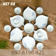 Bộ bát đĩa cao cấp gốm sứ Bát Tràng hình lá trầu vẽ sen xanh
