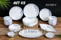 Bộ bát đĩa cao cấp gốm sứ Bát Tràng men trắng vẽ hoa sen xanh
