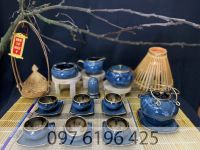 Bộ ấm chén pha trà dáng tròn quai đồng men hảo biến xanh viền vàng kim kèm phụ kiện