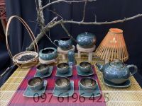 Ấm chén Bát Tràng viền hoa sen men hỏa biến xanh hoa lòng chén kèm phụ kiện