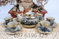 Bộ ấm chén men rạn bọc đồng dáng Nhật quai đồng vẽ sơn thủy