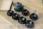 Ấm chén Bát Tràng quai sứ men hỏa biến xanh