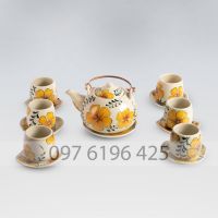 Bộ ấm pha trà dáng Nhật quai đồng hoa vàng