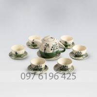 Bộ ấm trà vẽ hoa sen quai ngược gốm sứ Bát Tràng