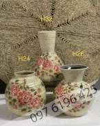 Lọ hoa để bàn gốm mộc vẽ hoa hồng