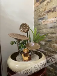 Thác nước phong thủy mi ni bẳng gốm sứ hình lá sen màu nâu cát