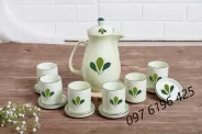 Bộ bình nước bằng sứ men kem vẽ lá xanh