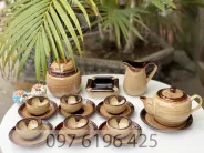 Bộ ấm chén Bát Tràng dáng quả đào màu nâu hoa lòng chén