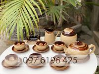 Bộ ấm chén đốt trúc men nâu hoa lòng chén