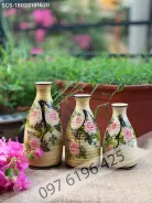 Bộ lọ hoa trang trí dáng chai men vàng vẽ hoa hồng