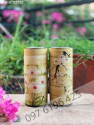 Lọ hoa để bàn dáng ống men vàng vẽ hoa