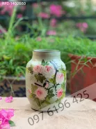 Lọ hoa bằng gốm sứ  màu xanh vẽ hoa hồng cao 26cm