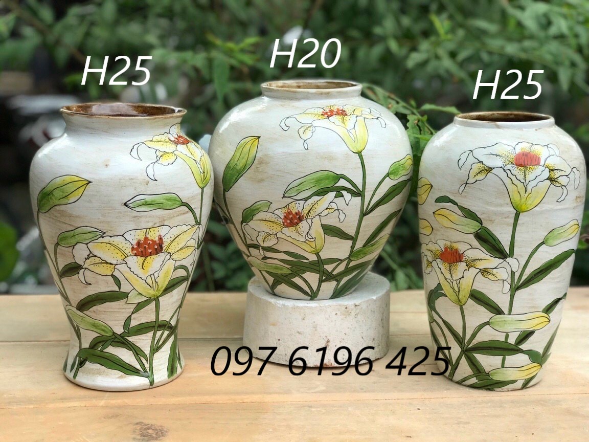 Lọ hoa gốm vẽ tay nghệ thuật họa tiết hoa ly