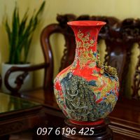 Lọ tỏi công đào đắp nổi hàng kỹ cao 62cm màu đỏ