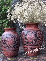 Lọ hoa gốm đất đỏ hoa phù dung vân nổi