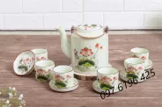Bộ ấm chén tích vẽ hoa sen men kem kẻ chỉ miệng