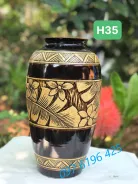 Lọ hoa khắc tay dáng bom cao 35cm màu đen gốm sứ Bát Tràng