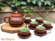 Bộ ấm chén tử sa dáng chóp men nâu lòng xanh