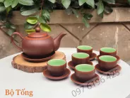 Bộ ấm chén gốm Bát Tràng dáng Tống men nâu chỉ đỏ lòng xanh