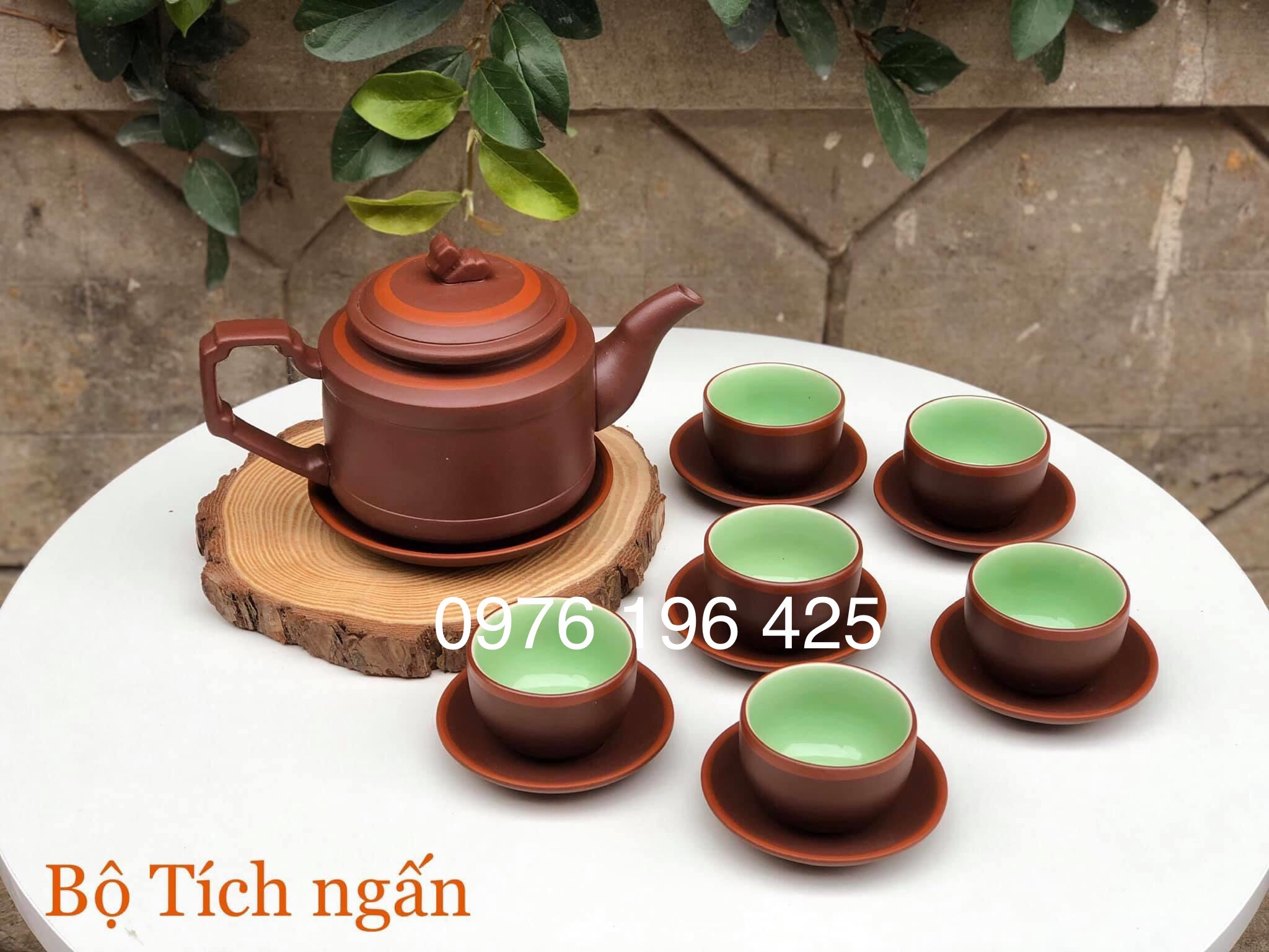 Bộ ấm chén gốm pha trà dáng tích ngấn men nâu chỉ đỏ lòng xanh