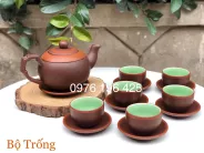 Bộ ấm chén gốm tử sa dáng trông men nâu chỉ đỏ lòng xanh