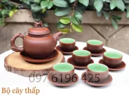 Ấm chén gốm tử sa Bát Tràng dáng cây thấp men nâu lòng xanh