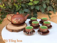 Bộ ấm chén gốm dáng Tống họa tiết hoa lan men nâu lòng xanh