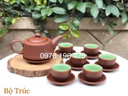 Bộ ấm chén gốm dáng trúc men nâu lòng xanh