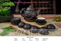 Bộ ấm trà tử sa đắp nổi hoa phù dung men đen lòng trắng