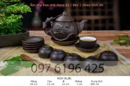 Bộ ấm trà tử sa đắp nổi hoa phù dung men đen lòng trắng