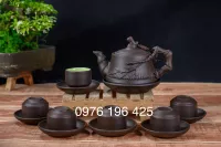 Bộ ấm trà  tử sa men nâu đắp trúc