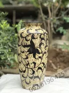 Lọ hoa trang trí gốm sứ khắc vân nổi dáng trụ họa tiết hoa dây