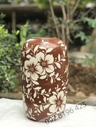 Lọ hoa trang trí gốm sứ Bát Tràng dáng đèn lồng  men nâu khắc hoa