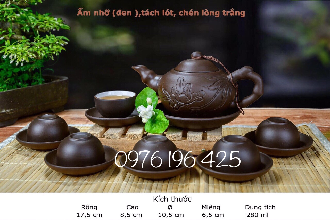 Bộ ấm chén gốm men đen lòng trắng khắc hoa phù dung