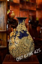 Lọ tỳ bà công đào đắp nổi vẽ vàng kim cao 55cm