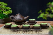 Ấm chén gốm  hoa sen đắp nổi