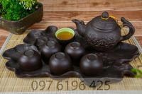 Ấm chén gốm tử sa đắp hoa sen kèm khay