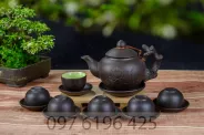 Bộ ấm chén gốm quai đắp khắc sen gốm sứ Bát Tràng