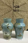 Lọ hoa gốm mộc nền xanh hoa sen cổ cao