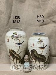 Lọ hoa gốm mộc Bát Tràng nền trắng vẽ hoa sen