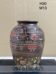 Bình hoa bằng gốm mộc dáng chum vẽ hoa