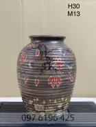 Bình hoa bằng gốm mộc dáng chum vẽ hoa