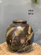 Lọ hoa để bàn chất liệu gốm mộc dáng tròn cao 24cm