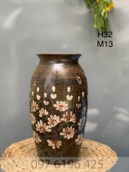 Lọ hoa gốm men nâu vẽ hoa cúc họa mi
