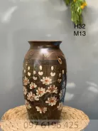 Lọ hoa gốm men nâu vẽ hoa cúc họa mi