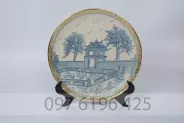 Đĩa trưng bày gốm men rạn bọc đồng vẽ cảnh Khuê Văn Các